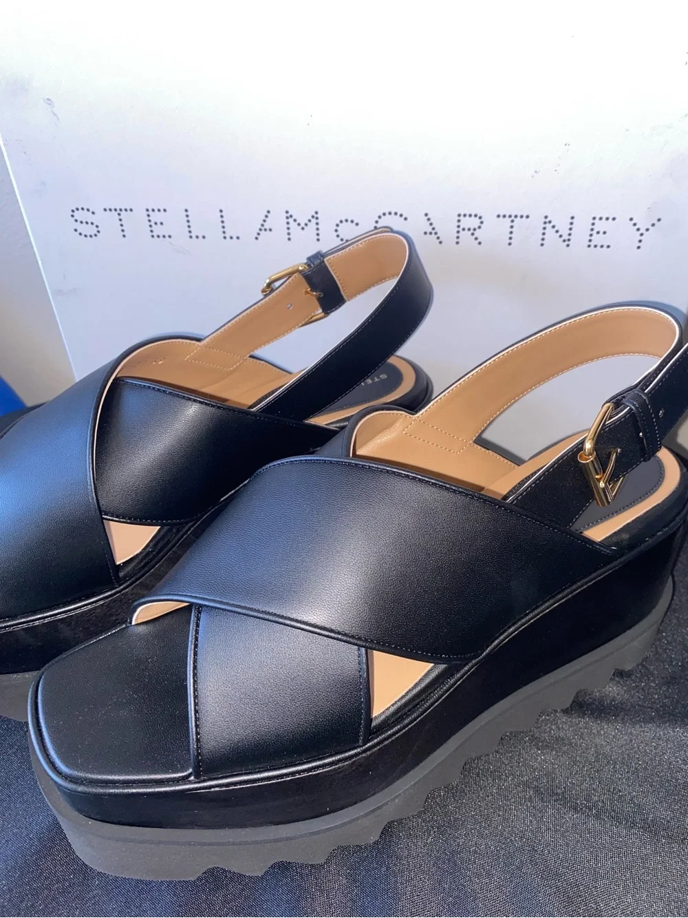 Stella McCartney “ELYSE” Black Crisscross Platform Slingback Sandals Sz 8.5